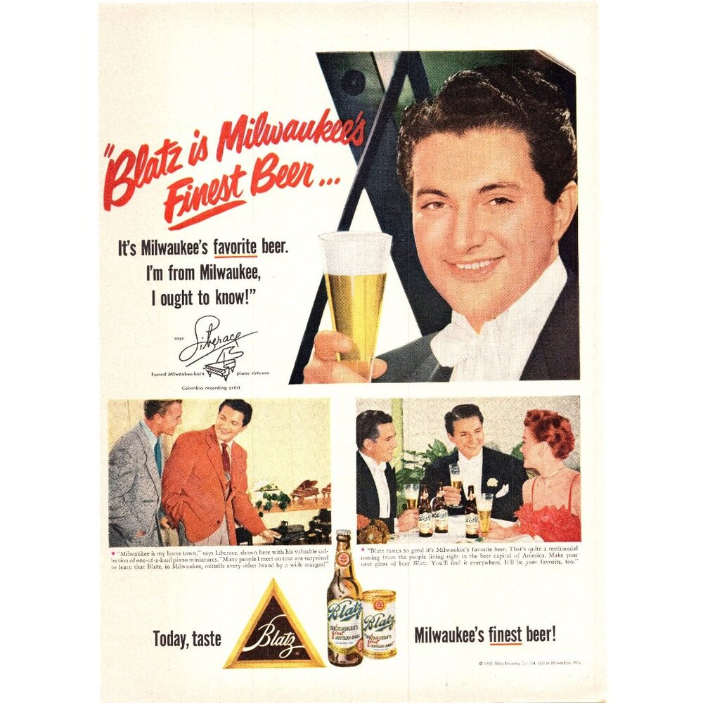 1952 Blatz Beer Vintage Print Ad Piano Liberace Pianist Milwaukee 50s Wall Art